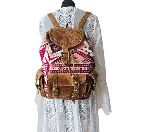Aztec leather backpack boho - leather,